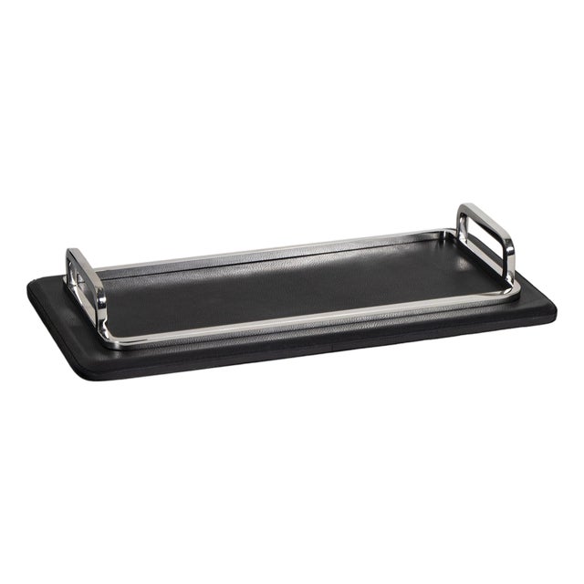 Greyson Leather Rectangle Tray Small, Polished Nickel For Sale