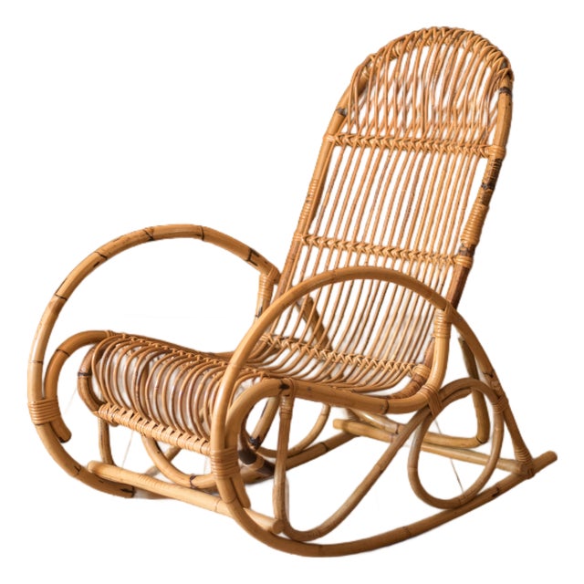 Vintage Sculptural Franco Albini Style High Back Bamboo Rocking Chair For Sale