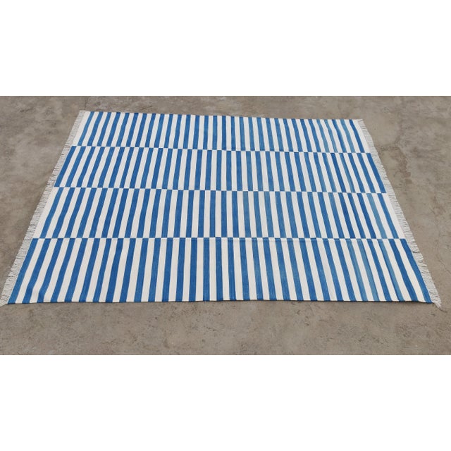 Handmade Cotton Striped Rug, Up Down Stripe Blue and White - 12'x12' For Sale - Image 9 of 10