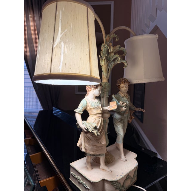 Antique L & F Moreau Figural Double-Light Lamp Collection Francaise - French Renaissance Style With Original Shades Lamp. Foundry Mark. For Sale - Image 9 of 18