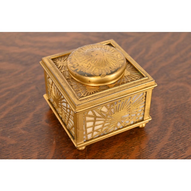 Tiffany Studios Tiffany Studios New York Pine Needle Bronze Doré and Favrile Slag Glass Inkwell For Sale - Image 4 of 12