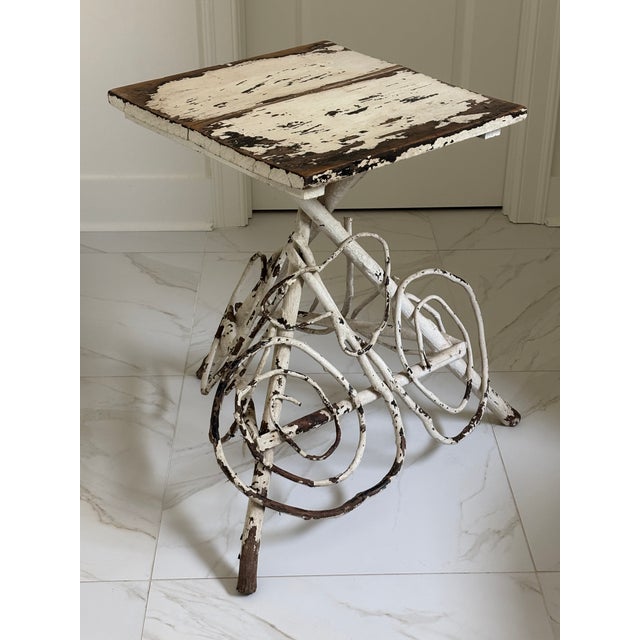 Early 20th Century Antique Folk Art Handcrafted Adirondack Style Twig Table With Decorative Scroll Base For Sale - Image 10 of 16