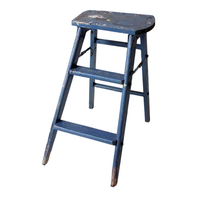 Vintage Wooden Blue Step Stool For Sale