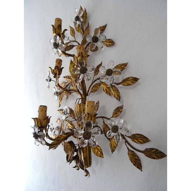 Maison Baguès Style 6 Lights Crystal Flowers Tole Bow Huge Sconces, Circa 1920 For Sale - Image 4 of 13