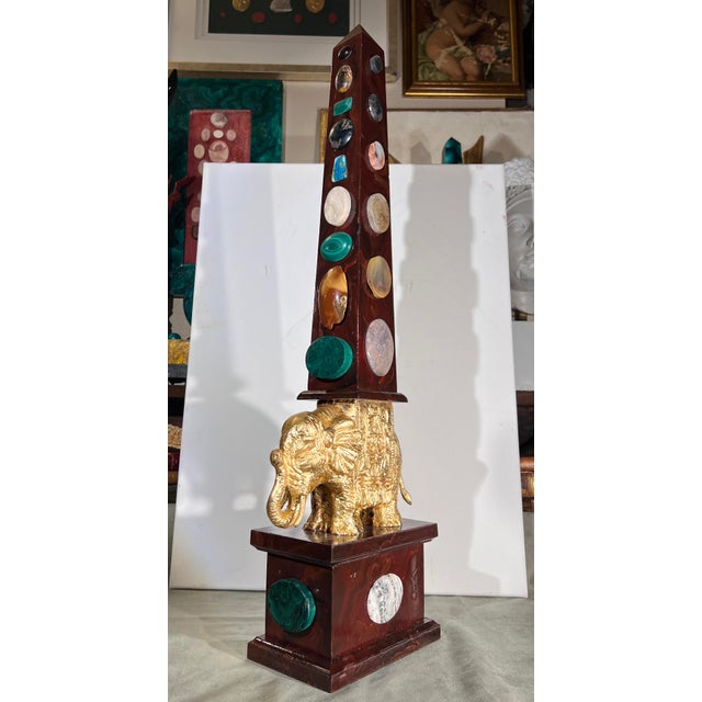 Large Italian Grand Tour Style Handpainted & Gilded Obelisk of the Minerva With Semi-Precious Stone Specimens For Sale - Image 10 of 12