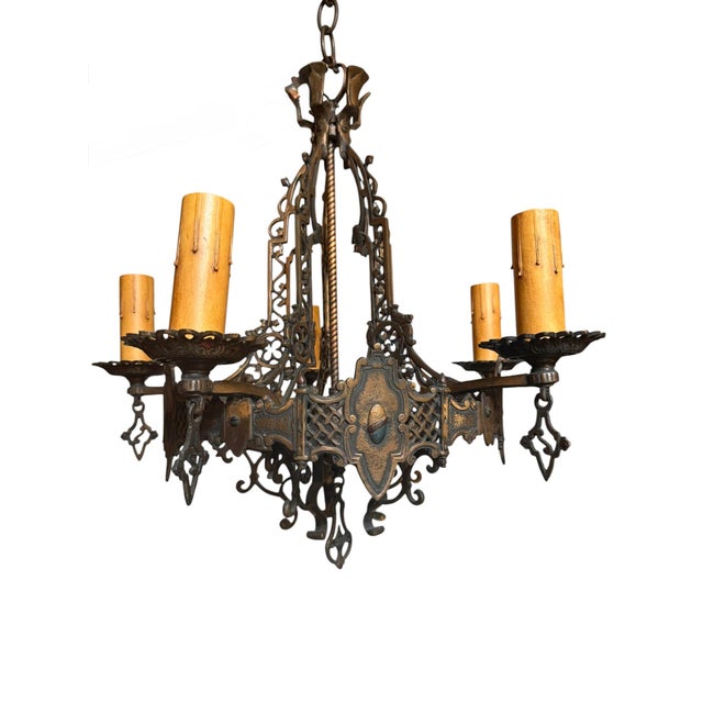 Early 20th Century Antique Spanish Revival 5 Light Chandelier With Original Polychrome Paint For Sale - Image 5 of 13