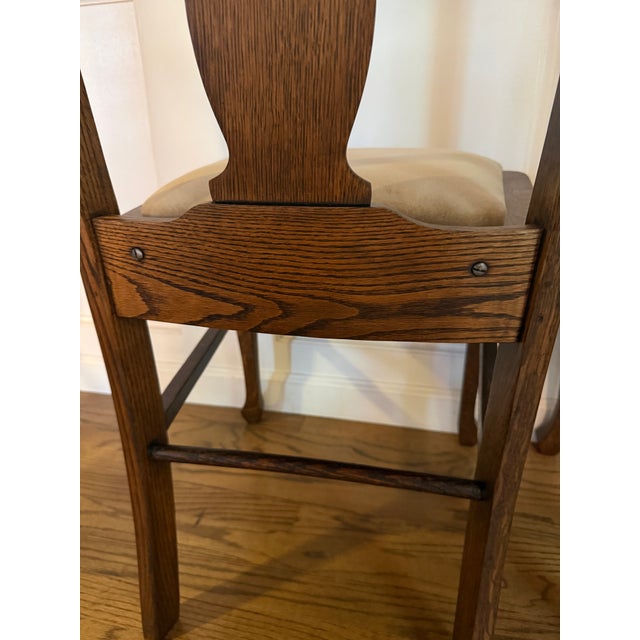 Pair of Antique Oak Dining Chairs With New Neutral Upholstery For Sale In New York - Image 6 of 8