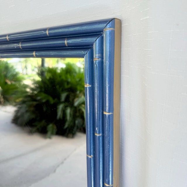 Late 20th Century Vintage Faux Bamboo Wall Mirror in Metallic Blue With Gilt Accents – Newly Paintd For Sale - Image 5 of 12