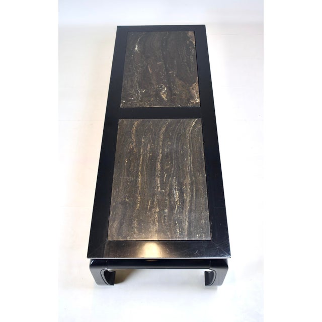 Wood Ming Style Coffee Table, Black Lacquered Wood, Brass Fretwork, Usa For Sale - Image 7 of 9