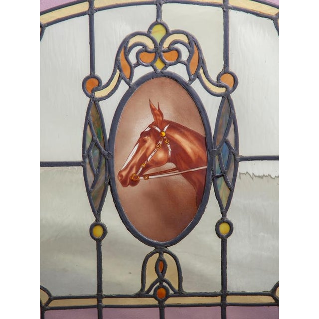 Art Deco Stained Glass Window Panel with Hand-Painted Horse Medallion, 1920 For Sale - Image 3 of 8