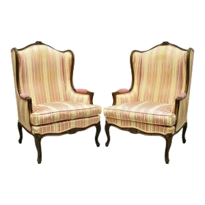 Vintage W & J Sloane French Louis XV Style Wingback Lounge Arm Chairs - a Pair
