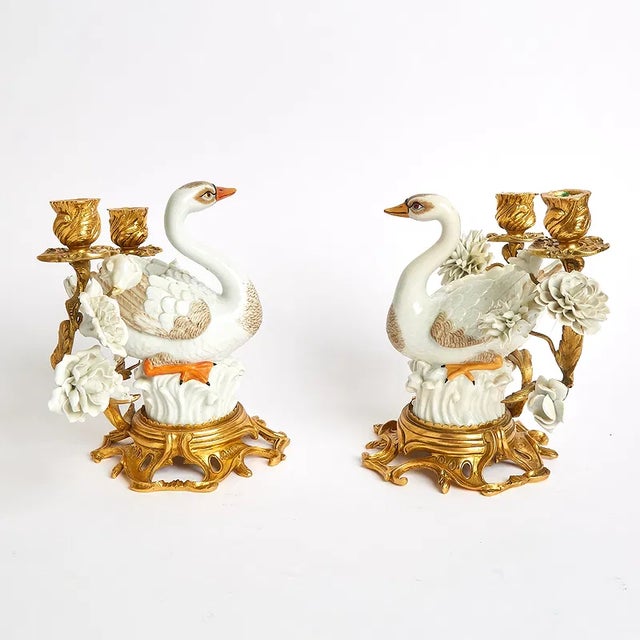 Hollywood Regency Pair of Mottahedeh Porcelain Swan-Form Two-Light Candelabra For Sale - Image 3 of 5
