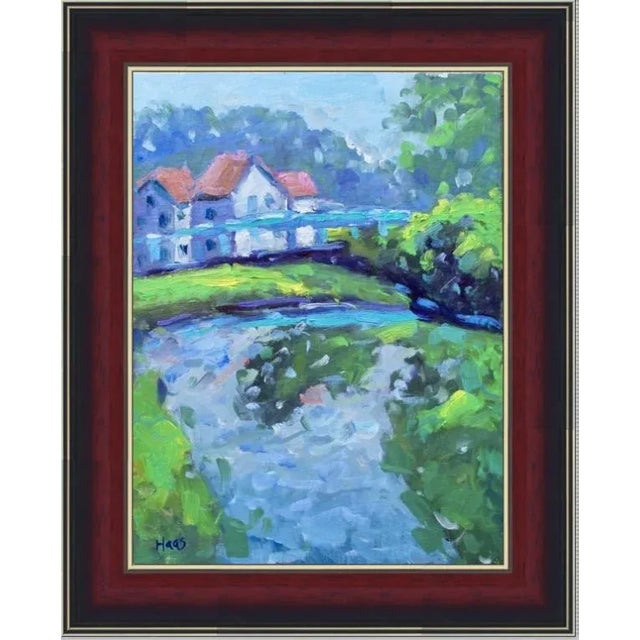 Blue "Blue Bridge at the Canal" Contemporary Impressionist Landscape Oil Painting by Lisa Haas Eckle For Sale - Image 8 of 10