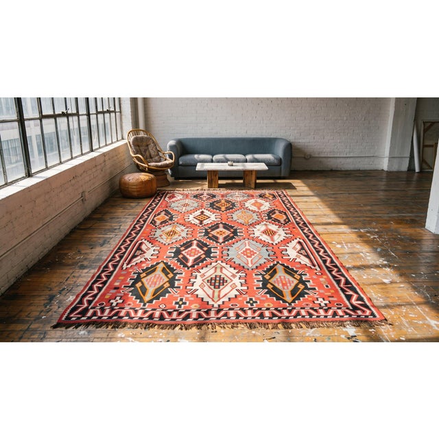 1900s Red Geometric Antique Caucasian Kilim Rug 6'0" X 11'8" Knotted Wool Carpet For Sale - Image 14 of 15