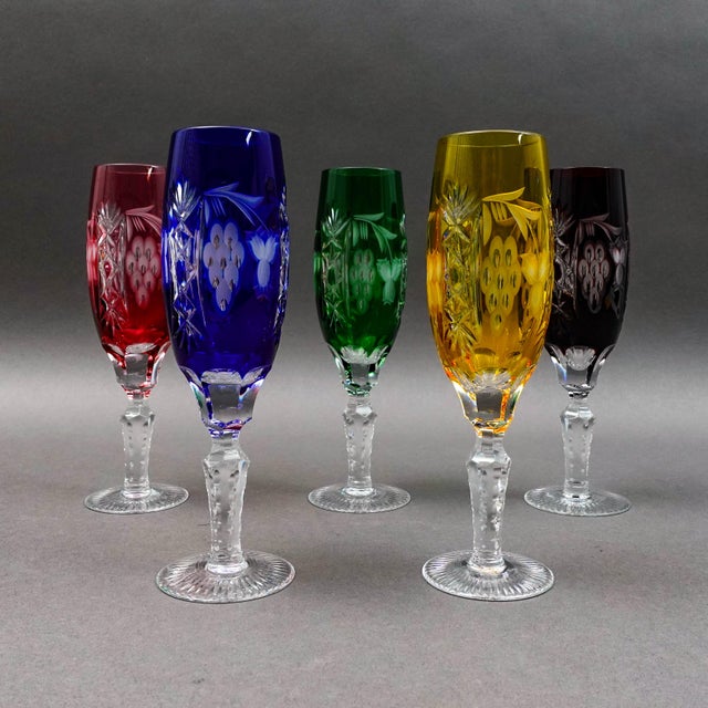 Mid 20th Century Mid 20th Century Ajka Marsala Cut to Clear Crystal Champagne Flutes Glasses- Set of 5 For Sale - Image 5 of 7