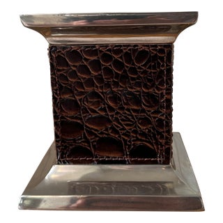 Vintage Leather and Silverplate Ralph Lauren Style Pillar Candleholder For Sale