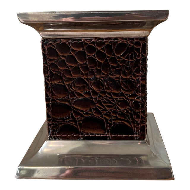 Vintage Leather and Silverplate Ralph Lauren Style Pillar Candleholder For Sale