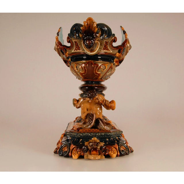 Gothic Antique Centerpiece Ceramic Renaissance Revival Majolica Vase For Sale - Image 3 of 13
