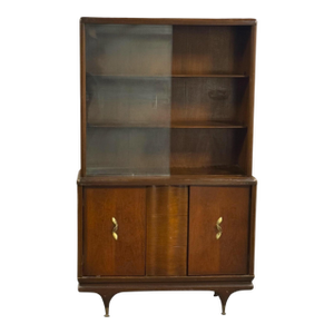 Mid 20th Century Modern Walnut China Cabinet With Sliding Glass Doors and Brass Hardware.
