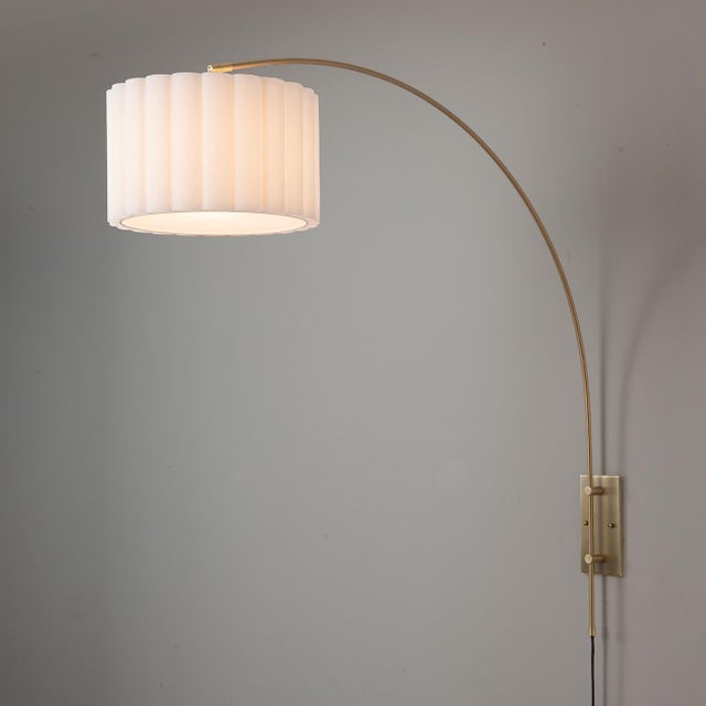 Mid-Century Modern Scalloped Wall Arc Lamp - Weathered Brass, White Linen, Diffuser For Sale - Image 4 of 7