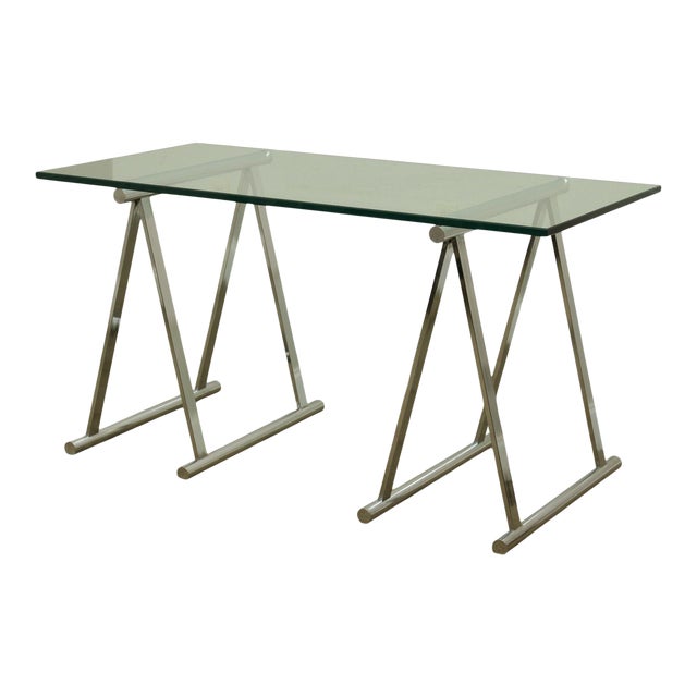 Vintage Glass Top Writing Desk Table Chrome Sawhorse Base Chairish
