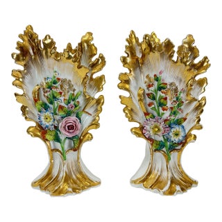 Pair of Old Paris Porcelain Flower Encrusted Spill Vases, 19th Century For Sale