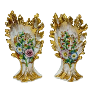 Pair of Old Paris Porcelain Flower Encrusted Spill Vases, 19th Century