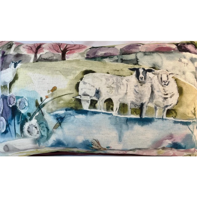 Large Bolster Pillow Decorated With a Water Color Look Scene of Sheep Grazing in a Pasture Near A Pond - Made In The U K...
