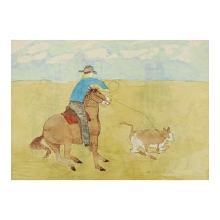 1940s Outsider Folk Art Cowboy and Horse Calf Roping Painting For Sale
