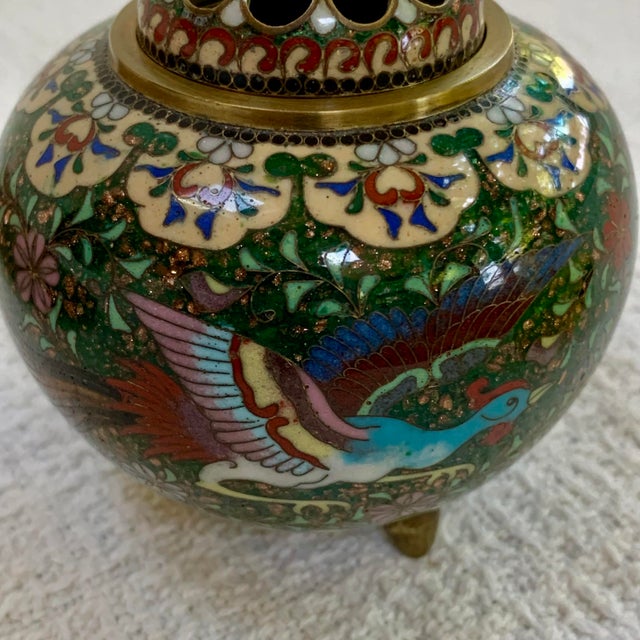 Metal Japanese Cloisonné Goldstone Censor, Koro-Meiji–Taishō Period-Phoenix Motif-Antique For Sale - Image 7 of 7