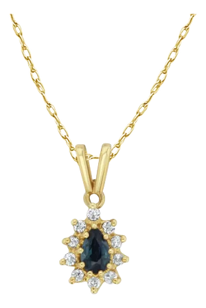 Sapphire & Diamond Halo Pear Shaped Necklace 14k Yellow Gold 16"