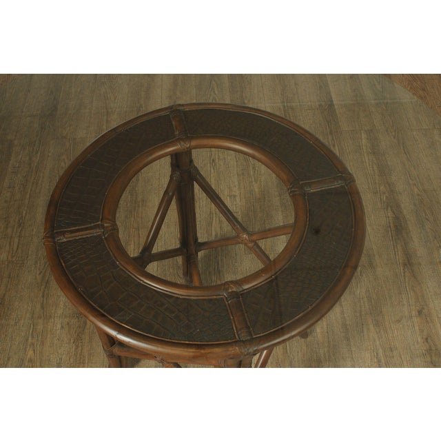 Hollywood Regency Round Glass Top Rattan Dining Table For Sale - Image 10 of 17