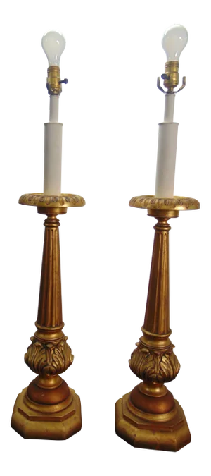 Italian Style Gold Gilt Metal Candlestick Style Lamps - a Pair
