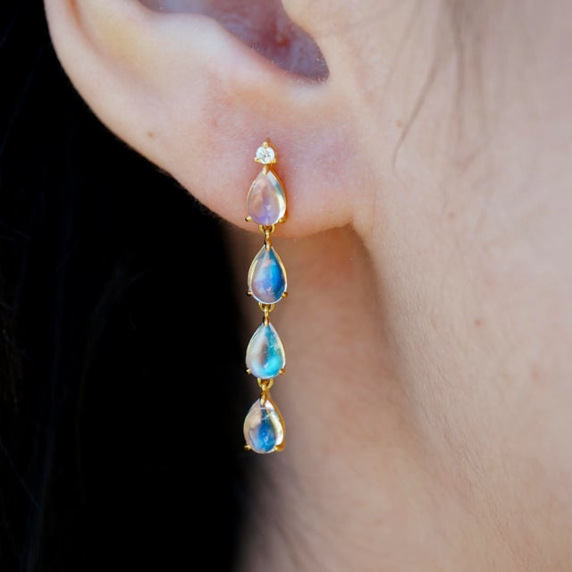 2020s Nina Zhou Rhythm Moonstone Diamond and Pearl Drop Earrings in 14k Gold - A Pair For Sale - Image 5 of 5