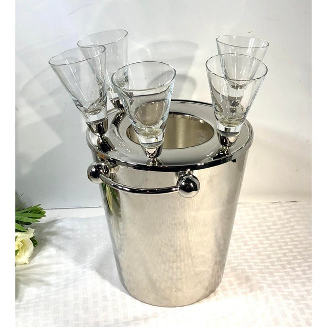 MidCentury Modern Ice Bucket Silver Plated With Stemmed Champagne Liquor Shot Glasses 6 Pc