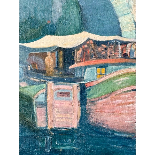 Vintage Oil on Canvas European River Town at Night For Sale - Image 9 of 14