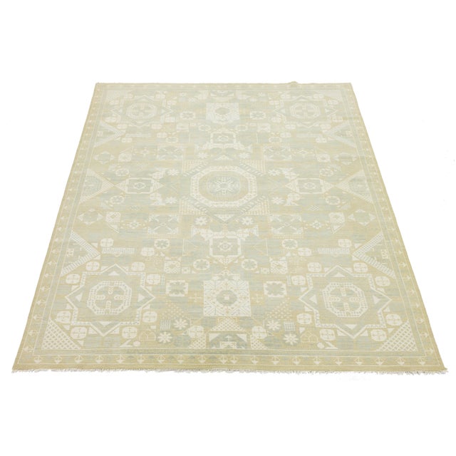 Ivory 10x14 Modern Khotan Style Geometric Area Rug in Soft Sage & Ivory Wool For Sale - Image 8 of 10