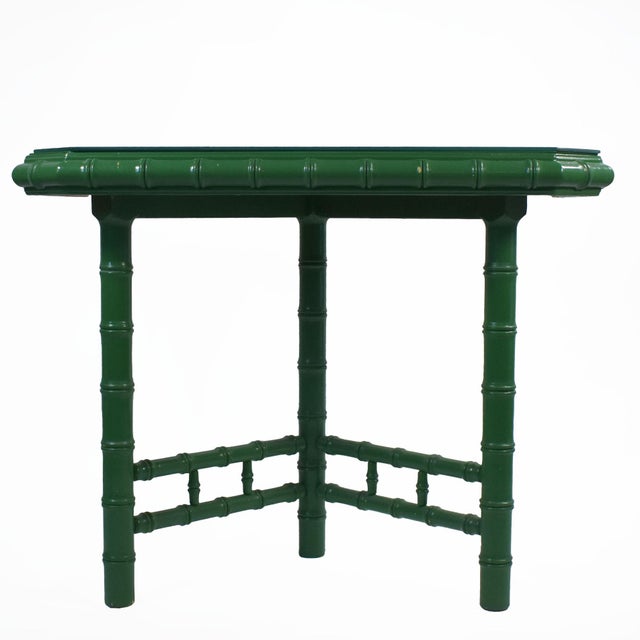 Faux Bamboo Green Entry Console in nice as found vintage condition. There are minor scuffs, scrapes and wear to the as...