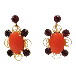 Vintage 1960s Goldtone Filigree Faux-Carnelian & Faux-Ruby Drop Clip Earrings - 2 Pieces