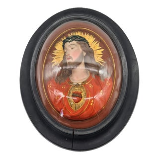 Antique Relief of the Sacred Heart of Jesus Under Domed Glass, 1890s For Sale