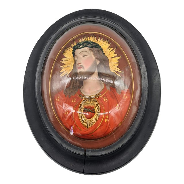 Antique Relief of the Sacred Heart of Jesus Under Domed Glass, 1890s For Sale