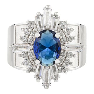Silver Finish Blue Cubic Zirconia Vintage-Inspired Cocktail Ring - Size 8 For Sale