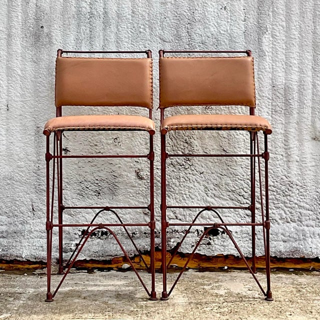 Vintage 1970's Brutalist Leather Bar Stool After Ilana Goor - a Pair For Sale In West Palm - Image 6 of 7