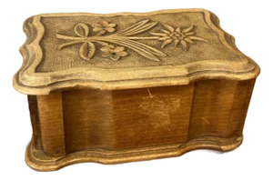 Vintage English Wood Trinket Box With Floral Motic