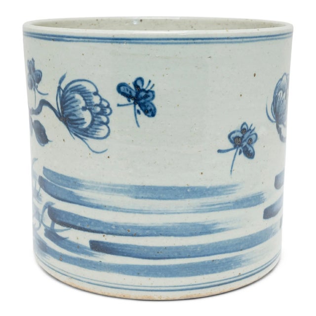 Chinese Vintage Chinese Blue & White Peony Brush Pot For Sale - Image 3 of 6