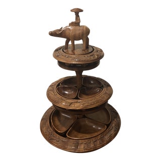 Mid 20th Century Large Teak 3 Tear Wood Lazy Susan With Water Buffalo Ox Philippines For Sale