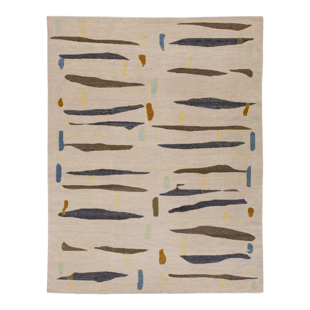 Turkish Beige Modern Wool Rug With Art Deco Design For Sale