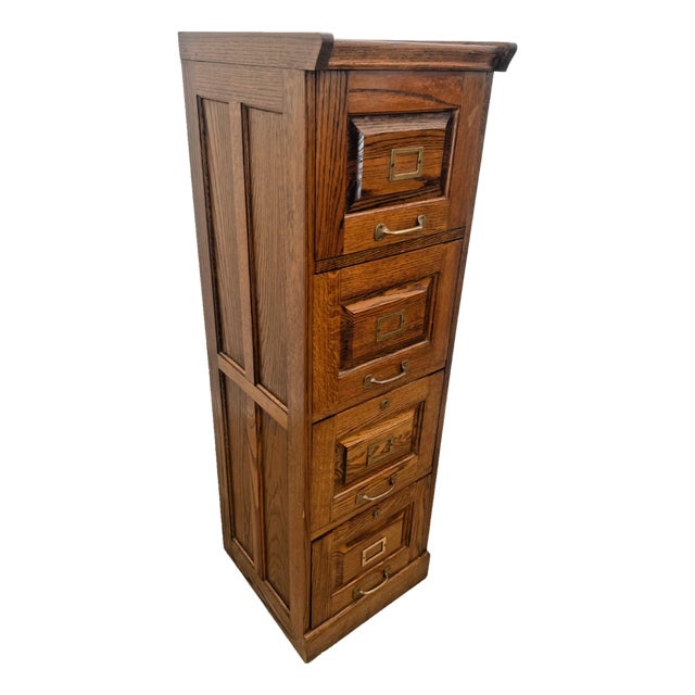 Vintage Tiger Oak File Cabinet Four Drawers, Paneled Sides, Rare Letter Size For Sale