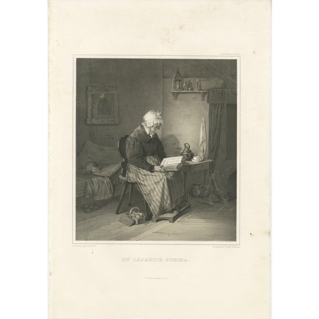 After Pehr Wickenberg, Swedish Interior Genre Scene with Reading Grandmother, 1850, Lithograph For Sale