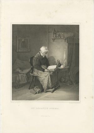 After Pehr Wickenberg, Swedish Interior Genre Scene with Reading Grandmother, 1850, Lithograph